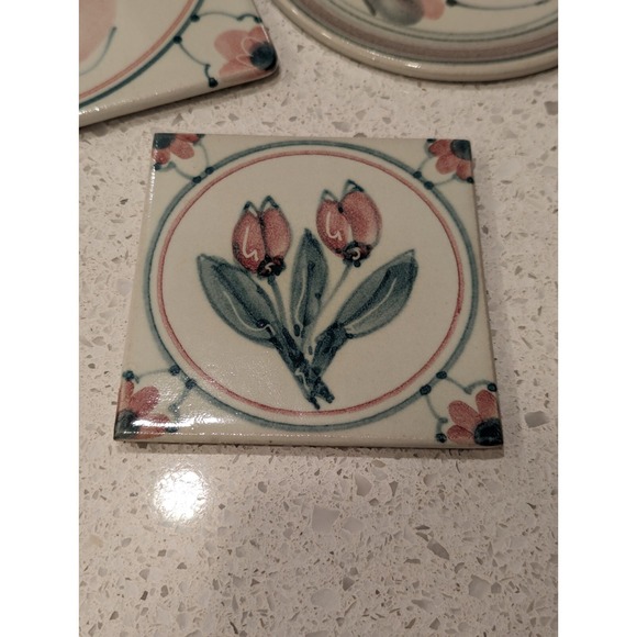 Vintage Art Studio Hand Painted Ceramic Floral Trivet Tile Wall Decor - Set Of 3 - Picture 2 of 12